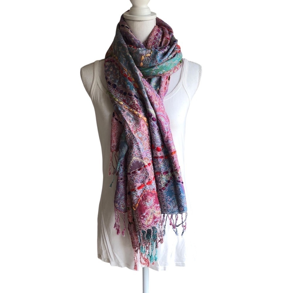 NWT Raj Multicolor Boho Embroidered Fringe Wrap Shawl Scarf